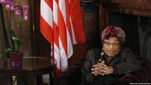 Liberian President Johnson-Sirleaf speaks during an interview with Reuters in Brussels