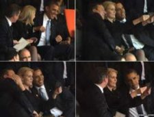 Composite of David Cameron and Barack Obama as Helle Thorning Schmidt takes a selfie,  photo on her phone,  during the Mandela memorial service,  10 Dec 2013